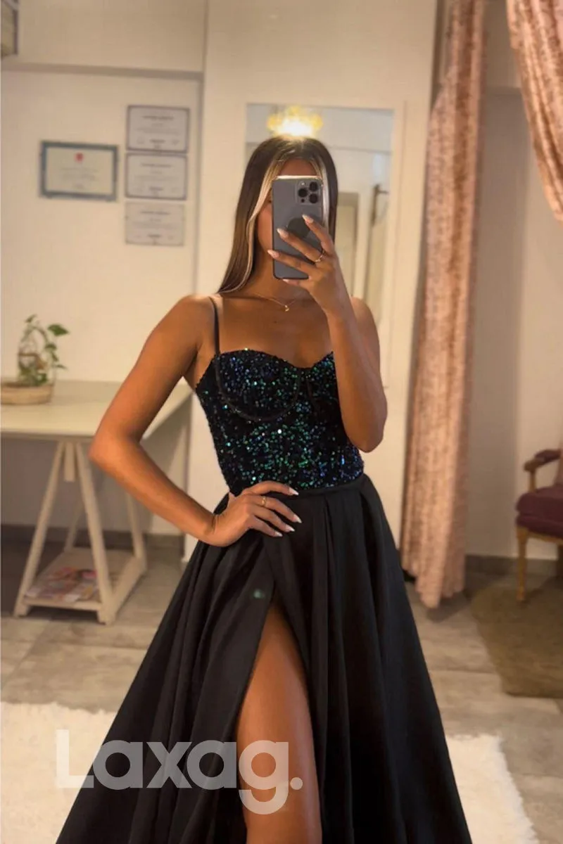 21811 - Spaghetti Sequins Top Thigh Slit Black Prom Dress