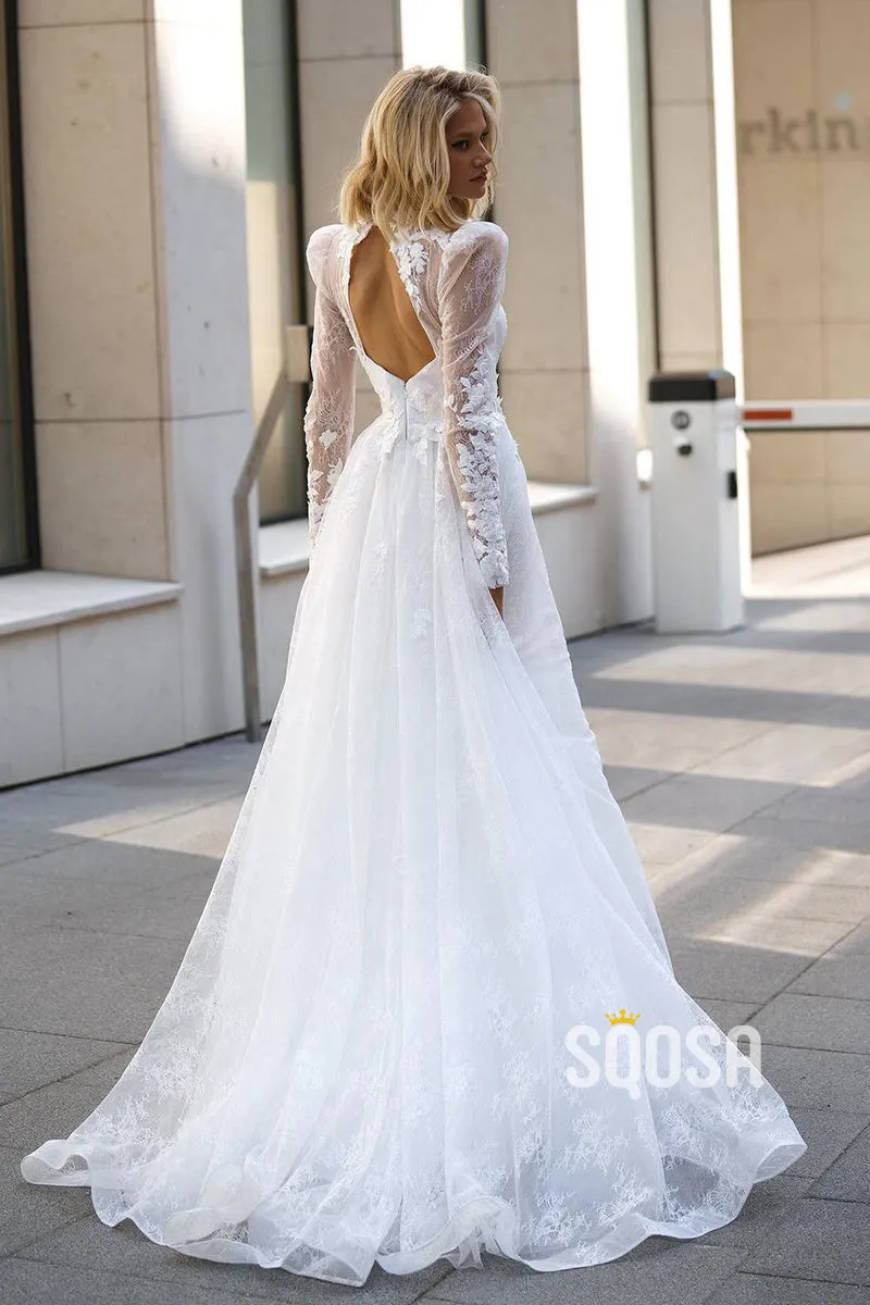 A-Line High Neck Lace Long Sleeves Wedding Dress Bridal Gowns With Train QW8085
