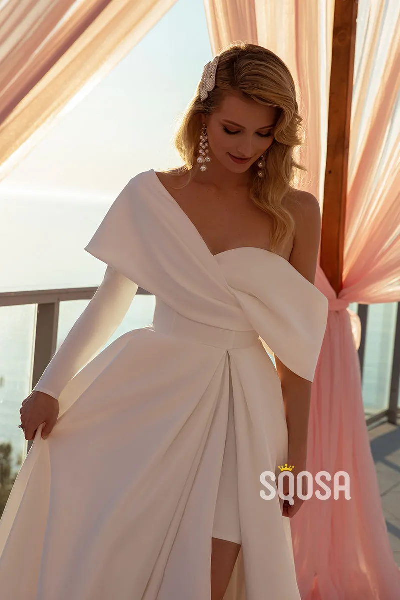 A-Line One Shoulder Long Sleeves Wedding Dress Bridal Gowns With Split QW8076