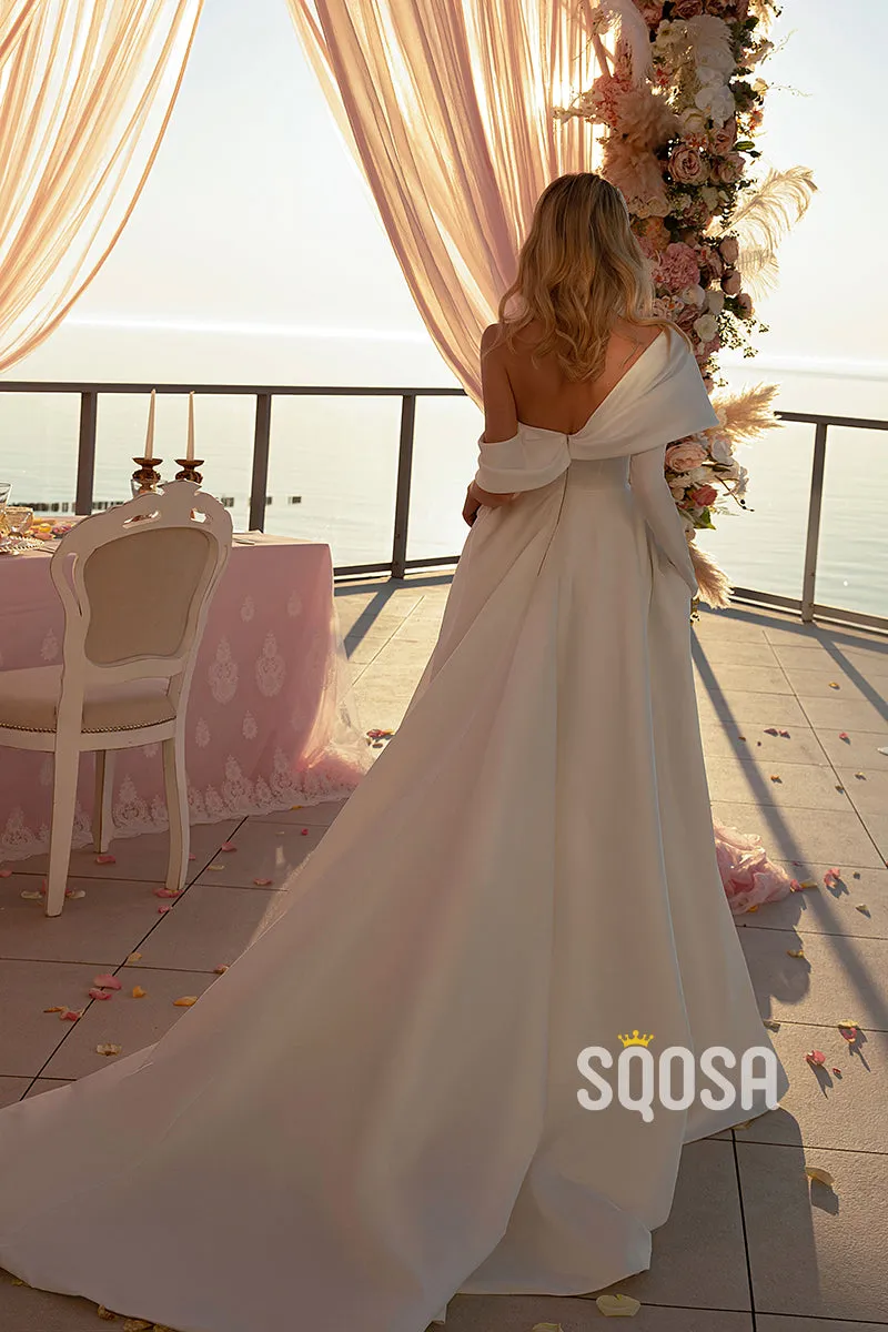 A-Line One Shoulder Long Sleeves Wedding Dress Bridal Gowns With Split QW8076