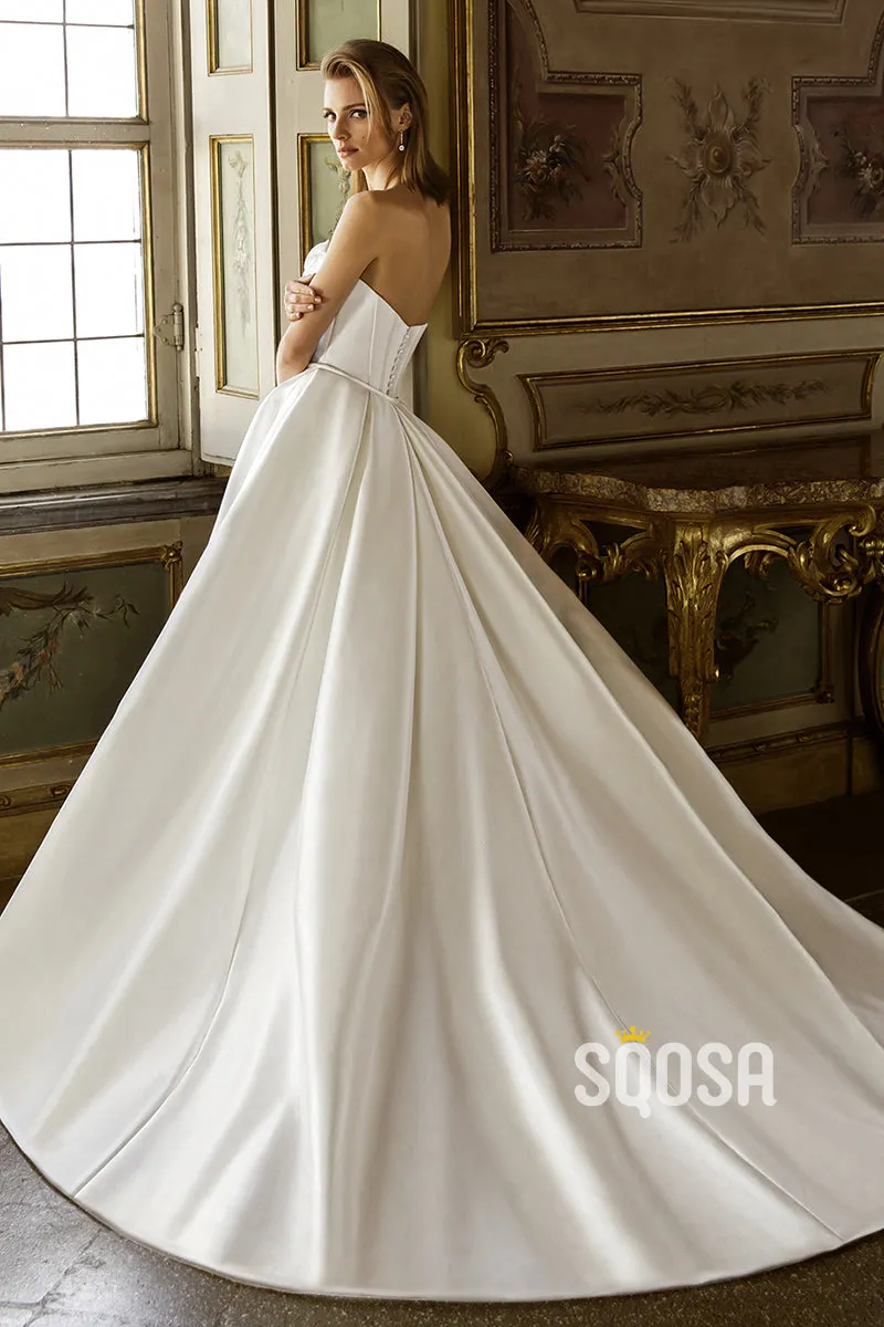 A-Line Pearls Strapless Satin Casual Wedding Dress Bridal Gowns With Split QW8045