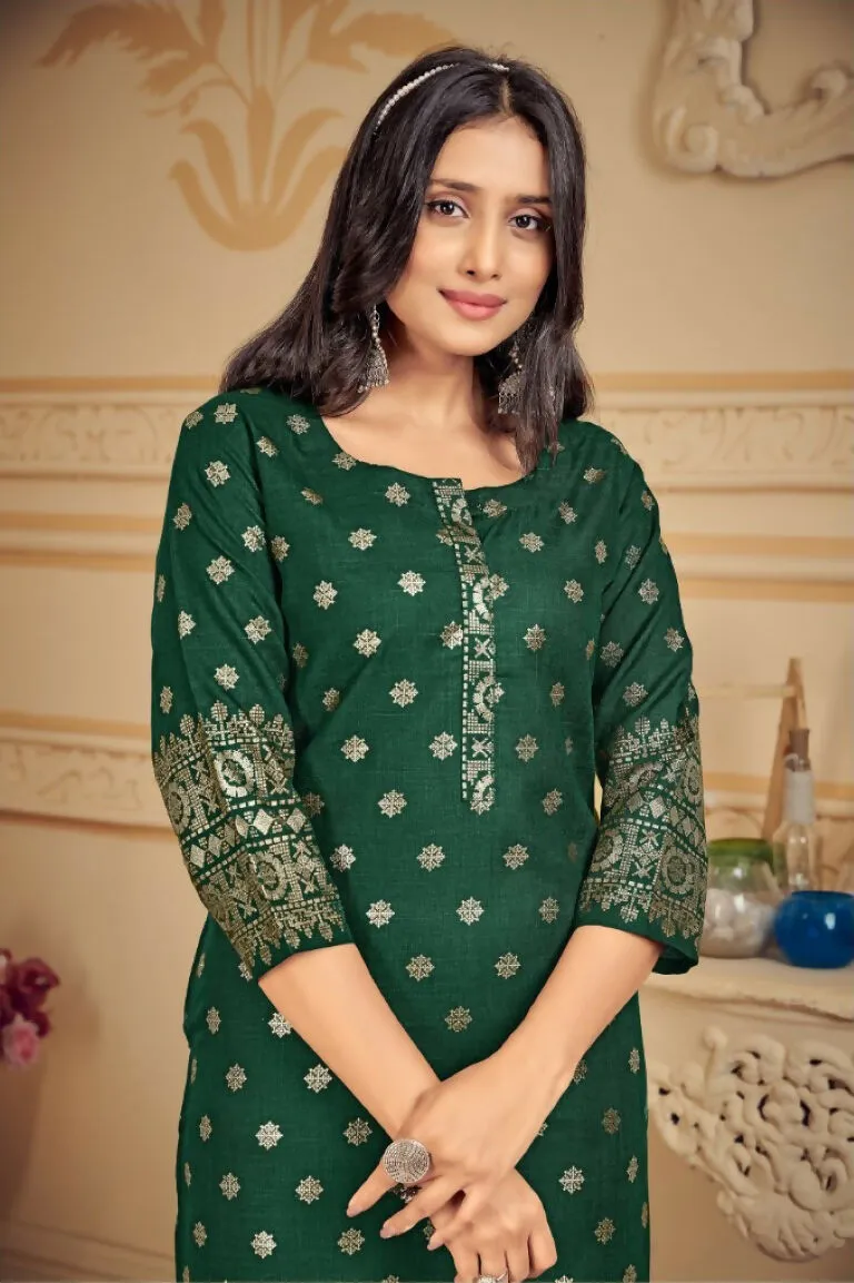 Aastha Fashion Green Pure Cotton Foil Print Butti Kurta Set