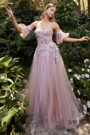 ANDREA & LEO A1108 Floral Bodice Puff Sleeve Tulle A Line Dress