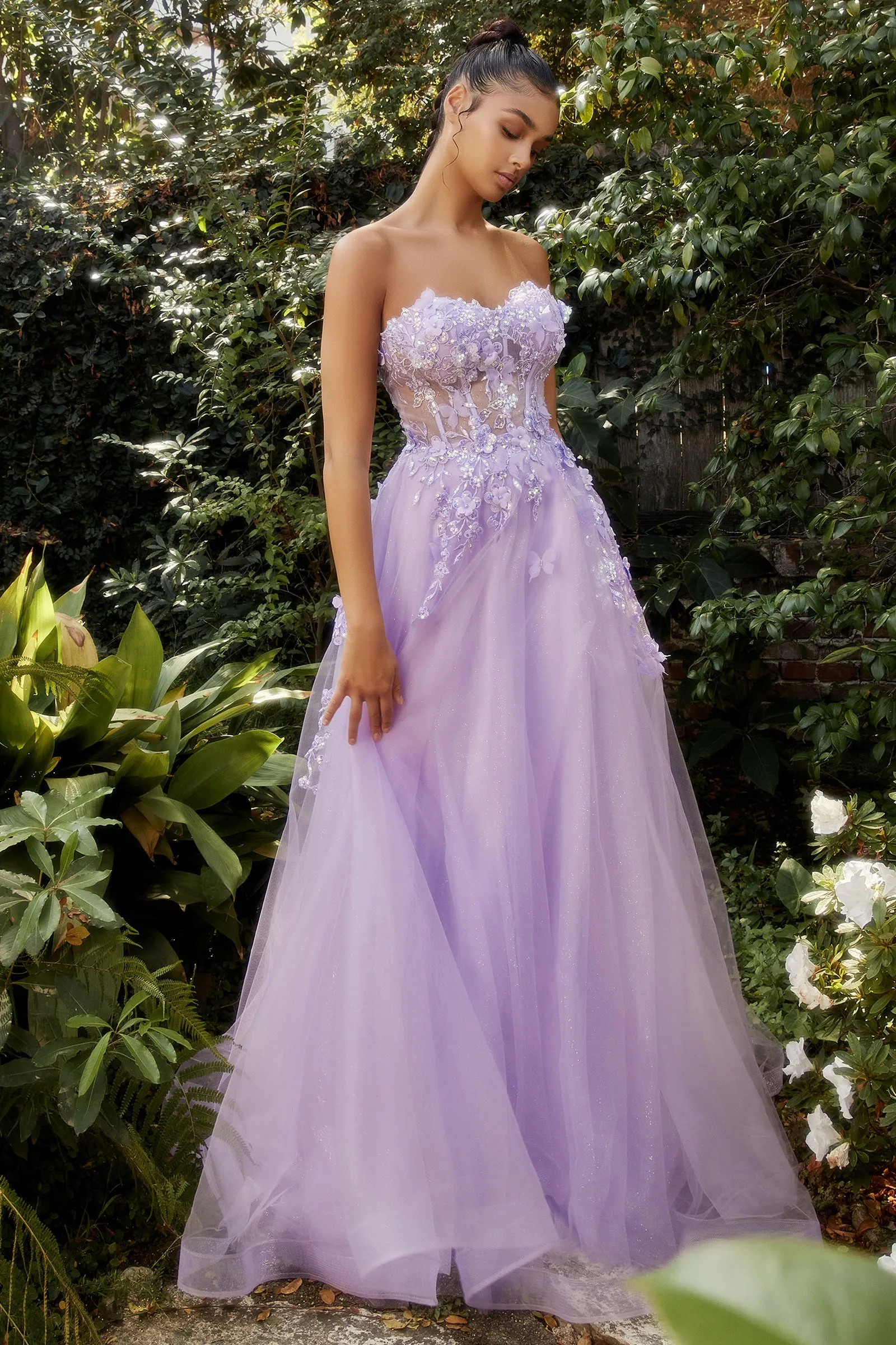ANDREA & LEO A1108 Floral Bodice Puff Sleeve Tulle A Line Dress