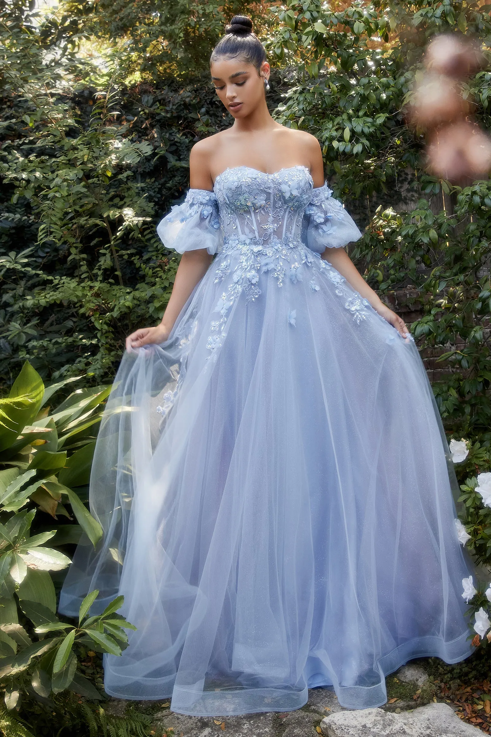 ANDREA & LEO A1108 Floral Bodice Puff Sleeve Tulle A Line Dress