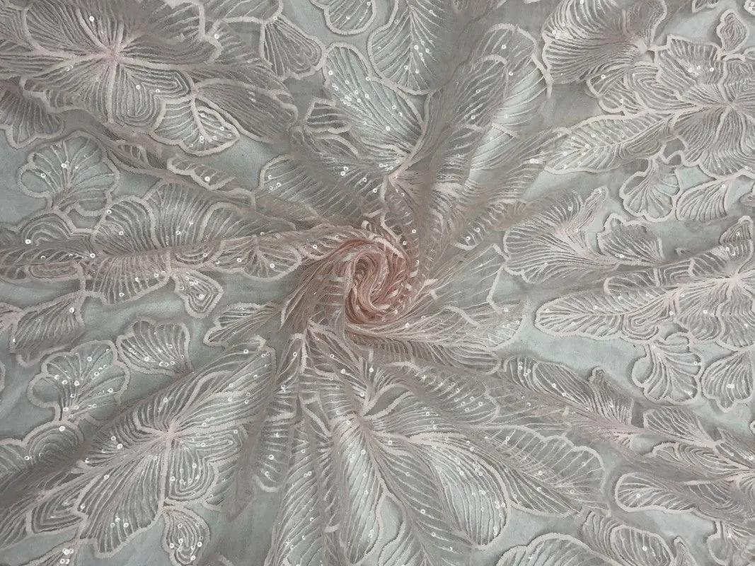 Baby Pink Floral Embroiderd Net Fabric
