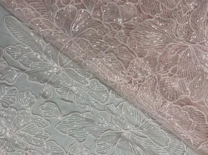 Baby Pink Floral Embroiderd Net Fabric