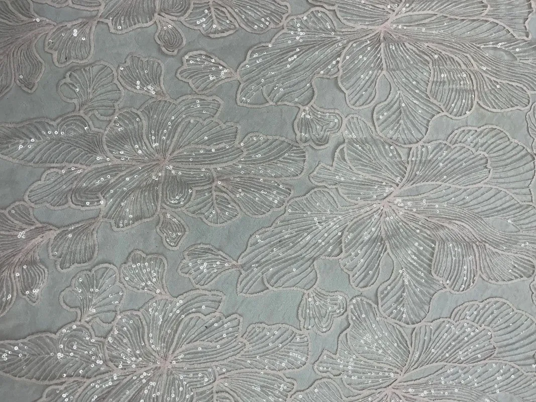 Baby Pink Floral Embroiderd Net Fabric