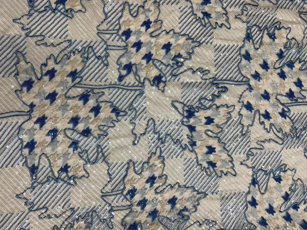 Beige & Blue Floral Embroiderd Net Fabric