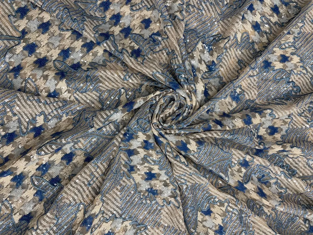 Beige & Blue Floral Embroiderd Net Fabric
