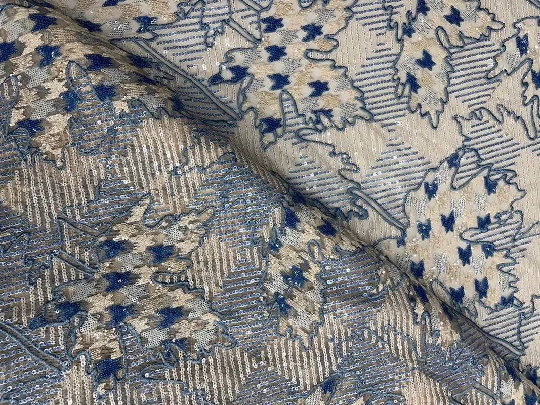 Beige & Blue Floral Embroiderd Net Fabric