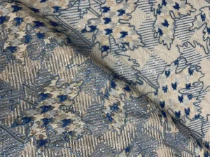 Beige & Blue Floral Embroiderd Net Fabric