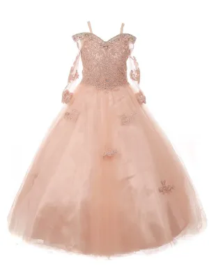 Big Girls Blush Off Shoulder Long Sleeve Rhinestone Pageant Dress 8-16