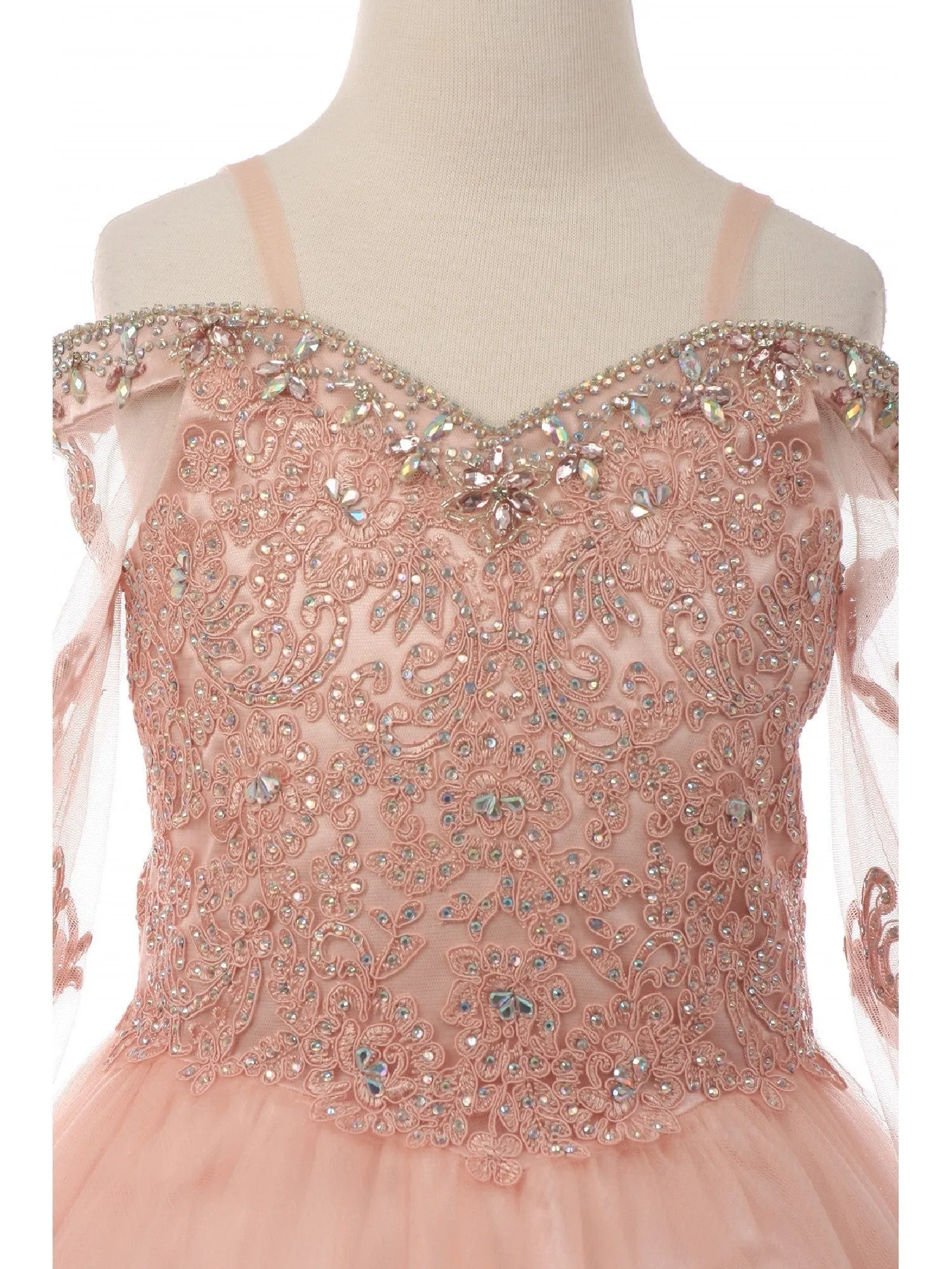 Big Girls Blush Off Shoulder Long Sleeve Rhinestone Pageant Dress 8-16