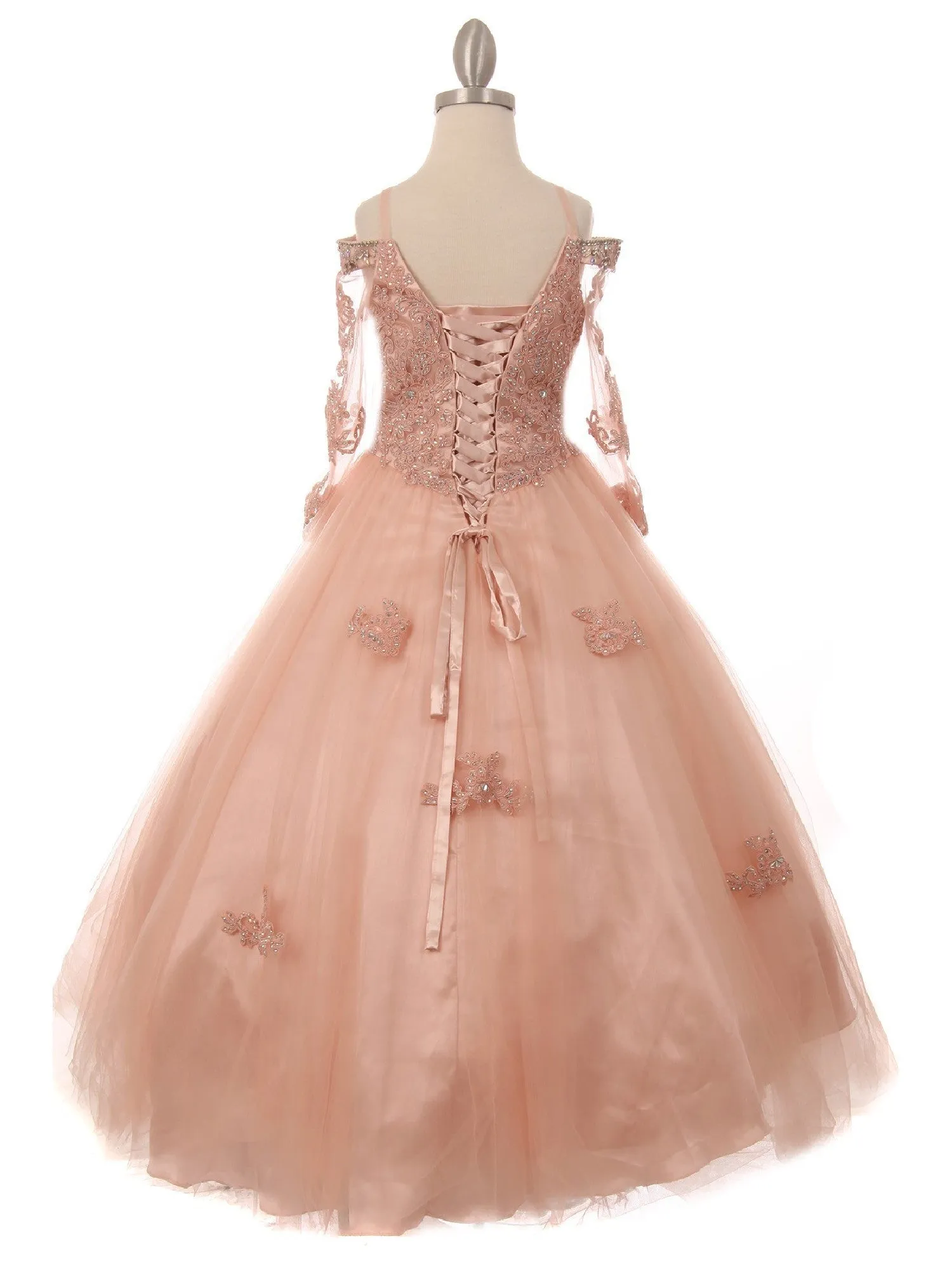 Big Girls Blush Off Shoulder Long Sleeve Rhinestone Pageant Dress 8-16