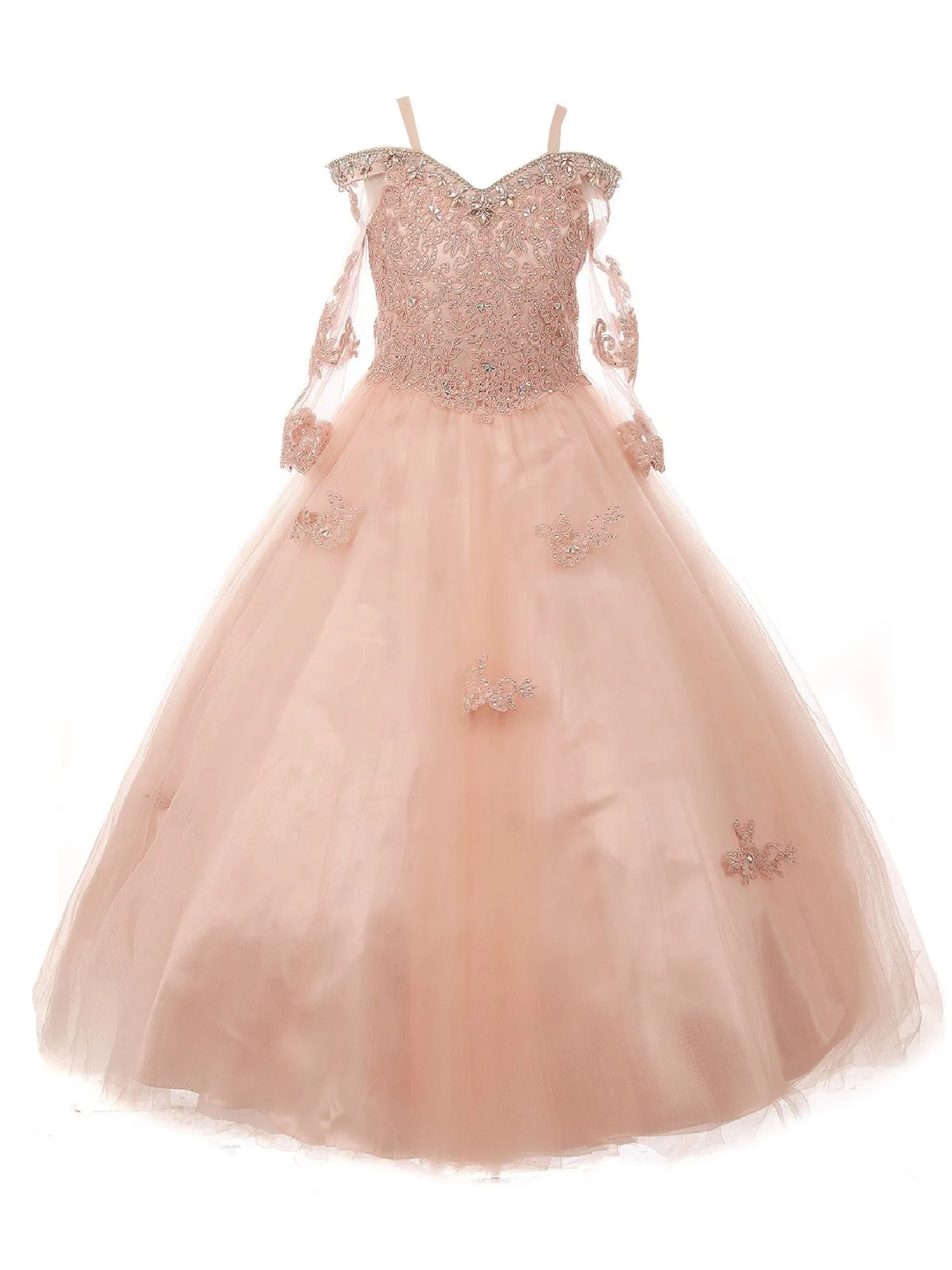 Big Girls Blush Off Shoulder Long Sleeve Rhinestone Pageant Dress 8-16