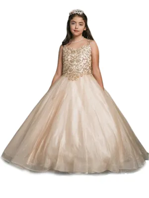 Big Girls Gold Embroidered Bodice Glitter Tulle Gown 8-16