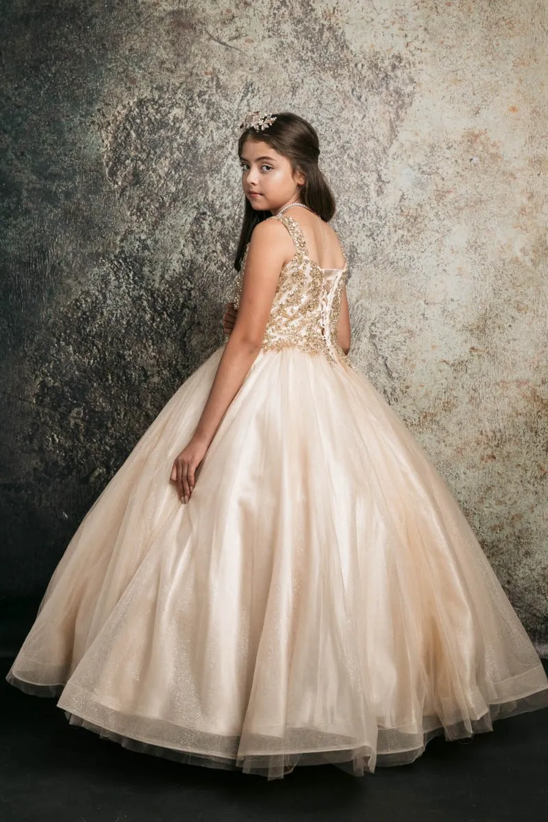 Big Girls Gold Embroidered Bodice Glitter Tulle Gown 8-16