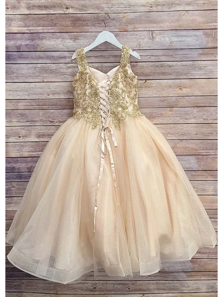 Big Girls Gold Embroidered Bodice Glitter Tulle Gown 8-16
