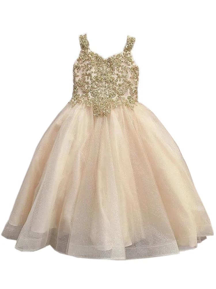 Big Girls Gold Embroidered Bodice Glitter Tulle Gown 8-16