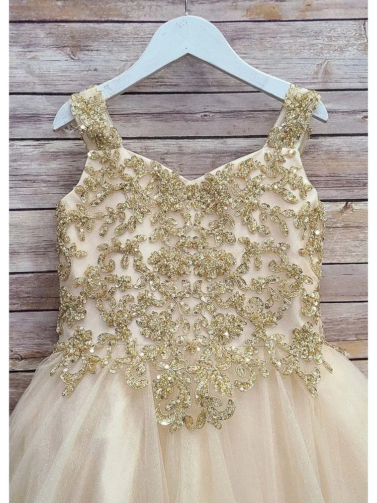Big Girls Gold Embroidered Bodice Glitter Tulle Gown 8-16