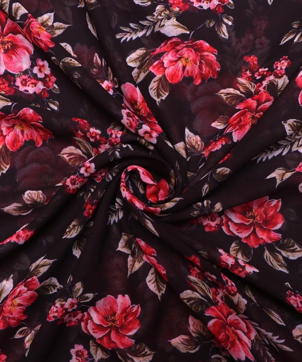 Black Colour Floral Print Chiffon Fabric