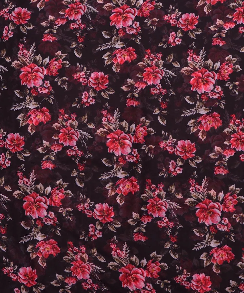 Black Colour Floral Print Chiffon Fabric