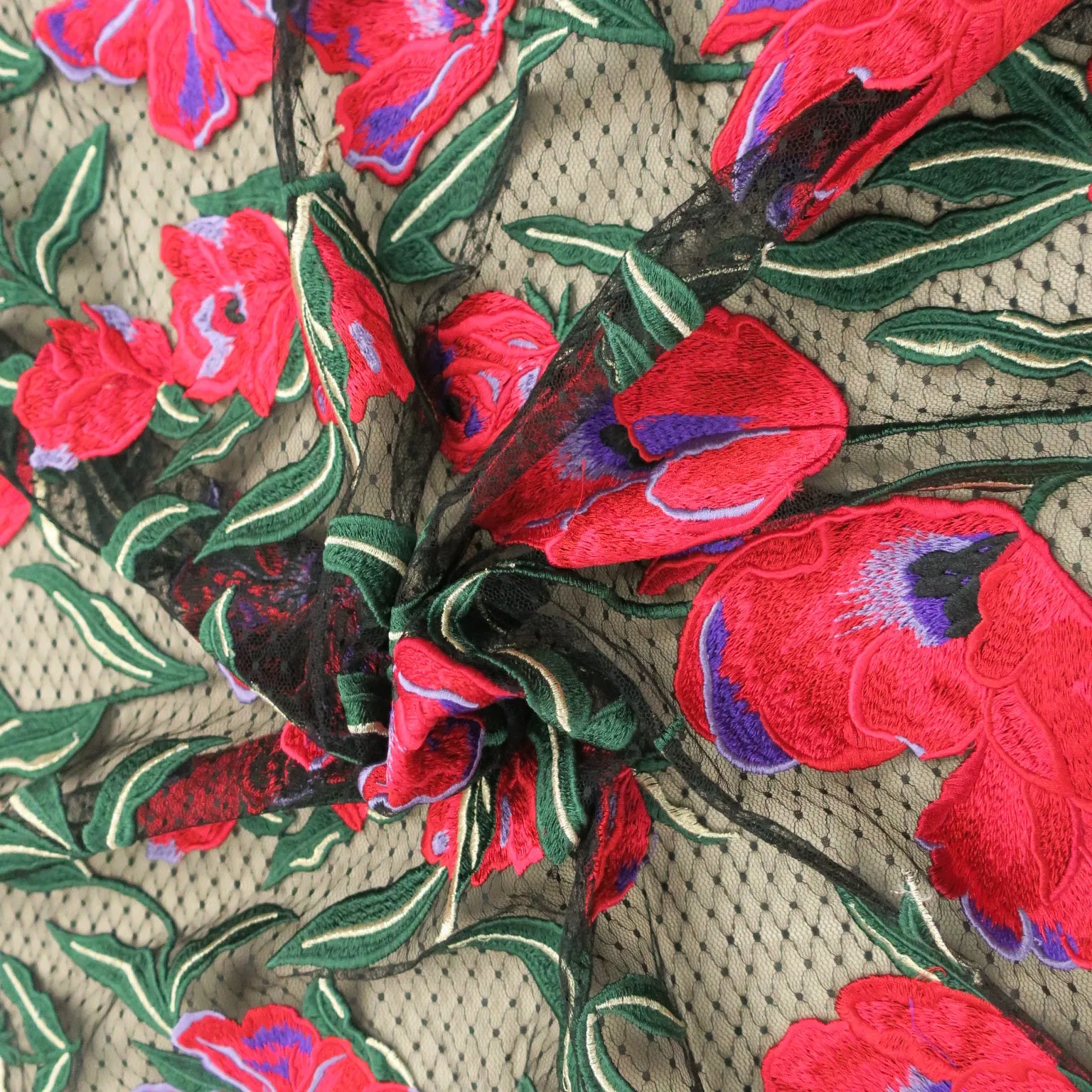 Black Tulle with Fuchsia/Red Floral Embroidery Fabric
