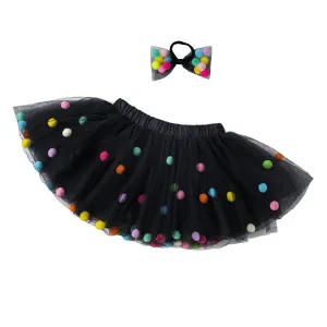 Black Tutu For Girls | Pom Pom Tutu and Bow Hair Tie | 2Pcs Set