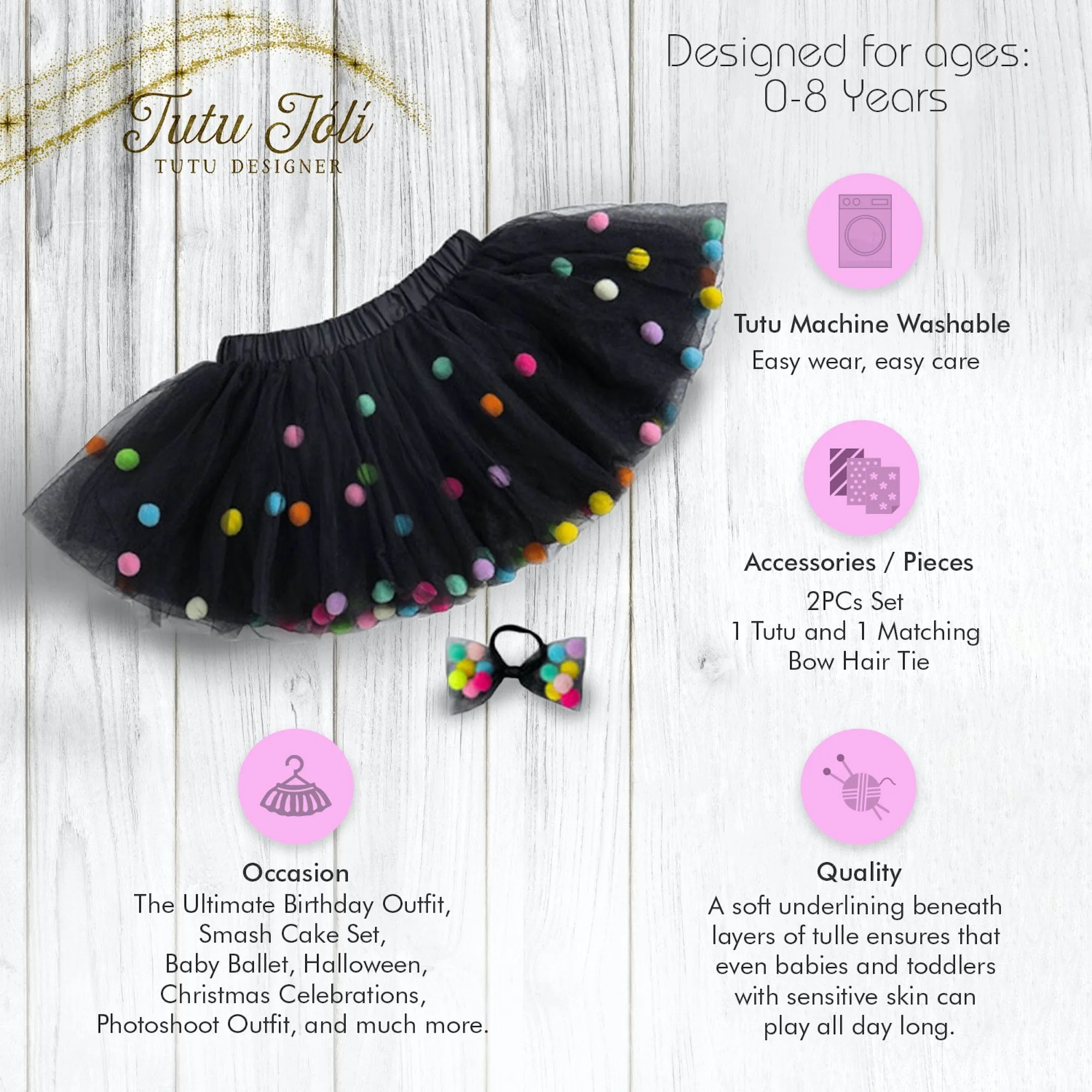Black Tutu For Girls | Pom Pom Tutu and Bow Hair Tie | 2Pcs Set