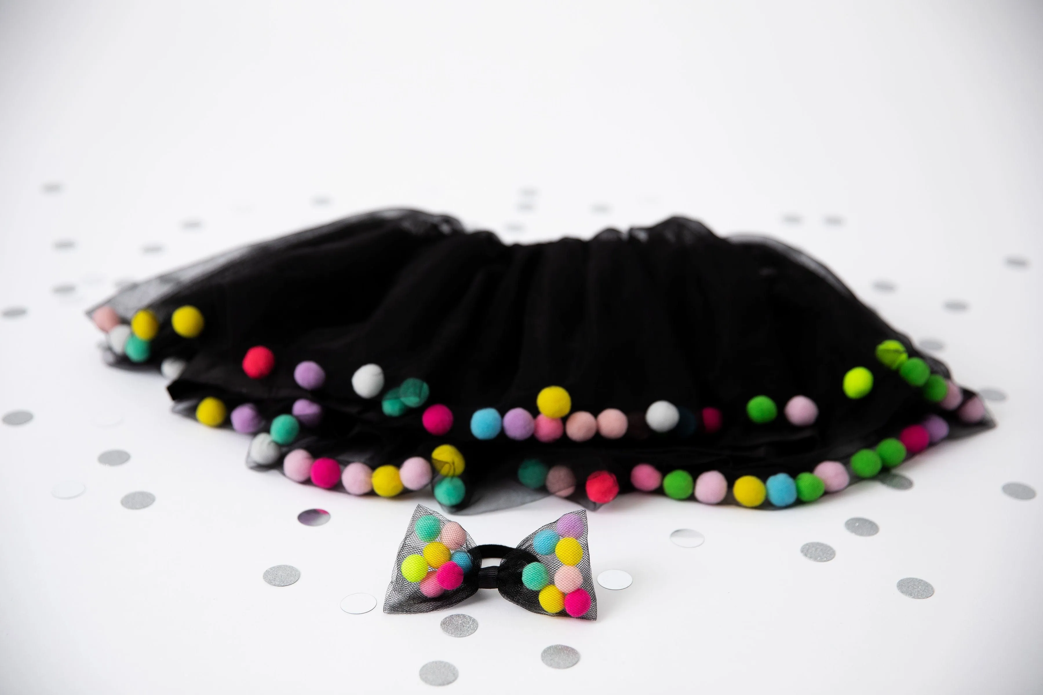 Black Tutu For Girls | Pom Pom Tutu and Bow Hair Tie | 2Pcs Set
