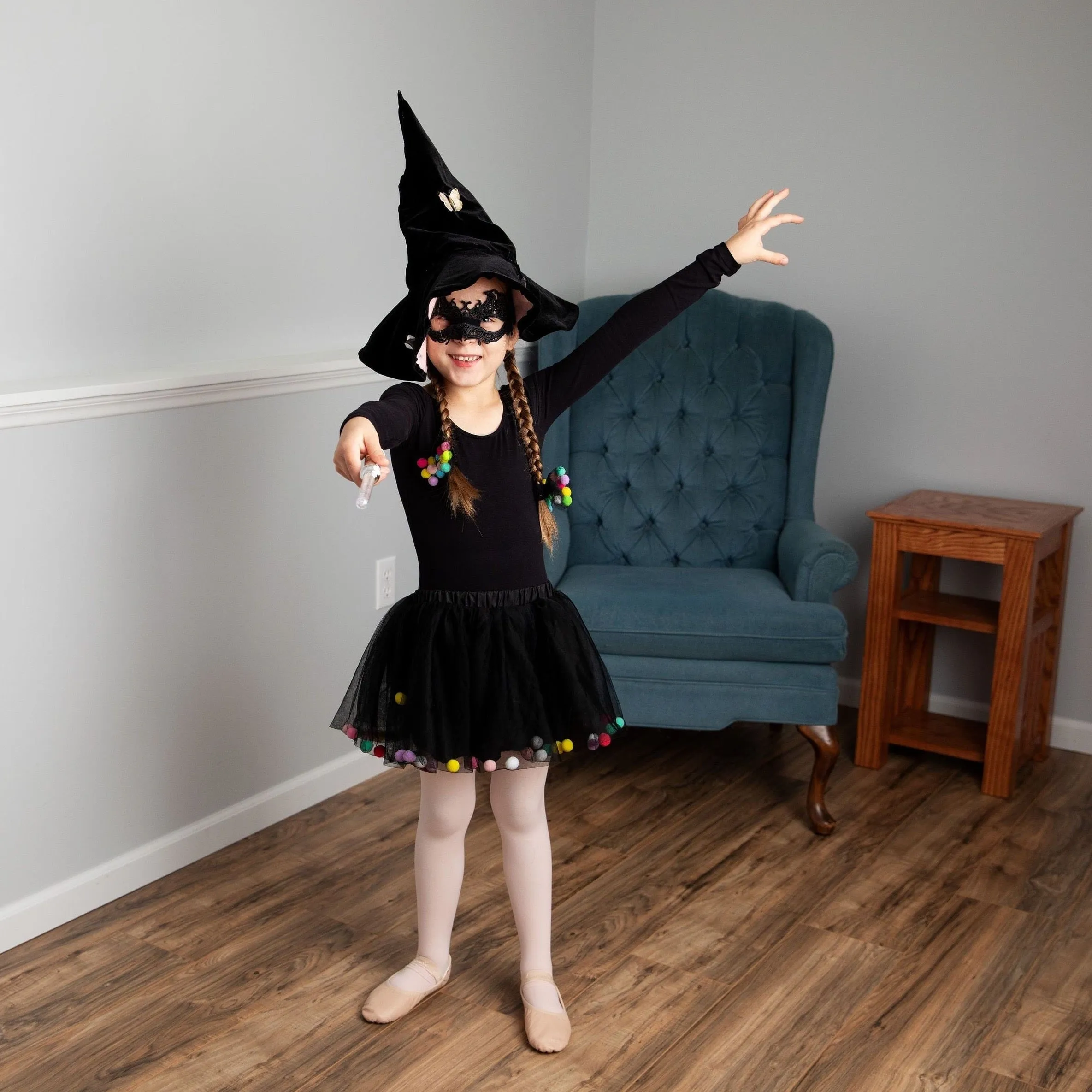 Black Tutu For Girls With Pom Poms and Bow Hair Tie | 2Pcs Set | Halloween Tutu For Girls