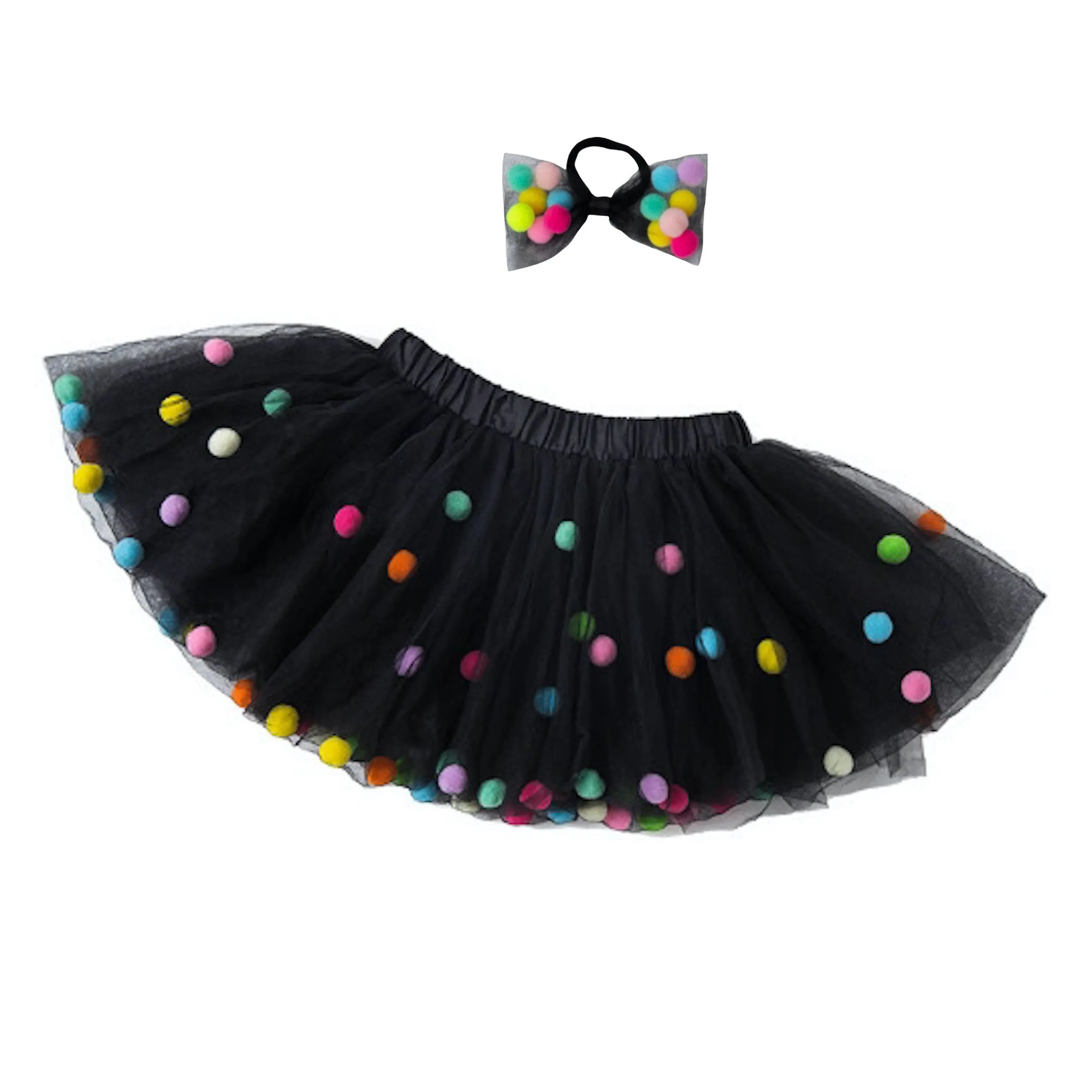 Black Tutu For Girls With Pom Poms and Bow Hair Tie | 2Pcs Set | Halloween Tutu For Girls