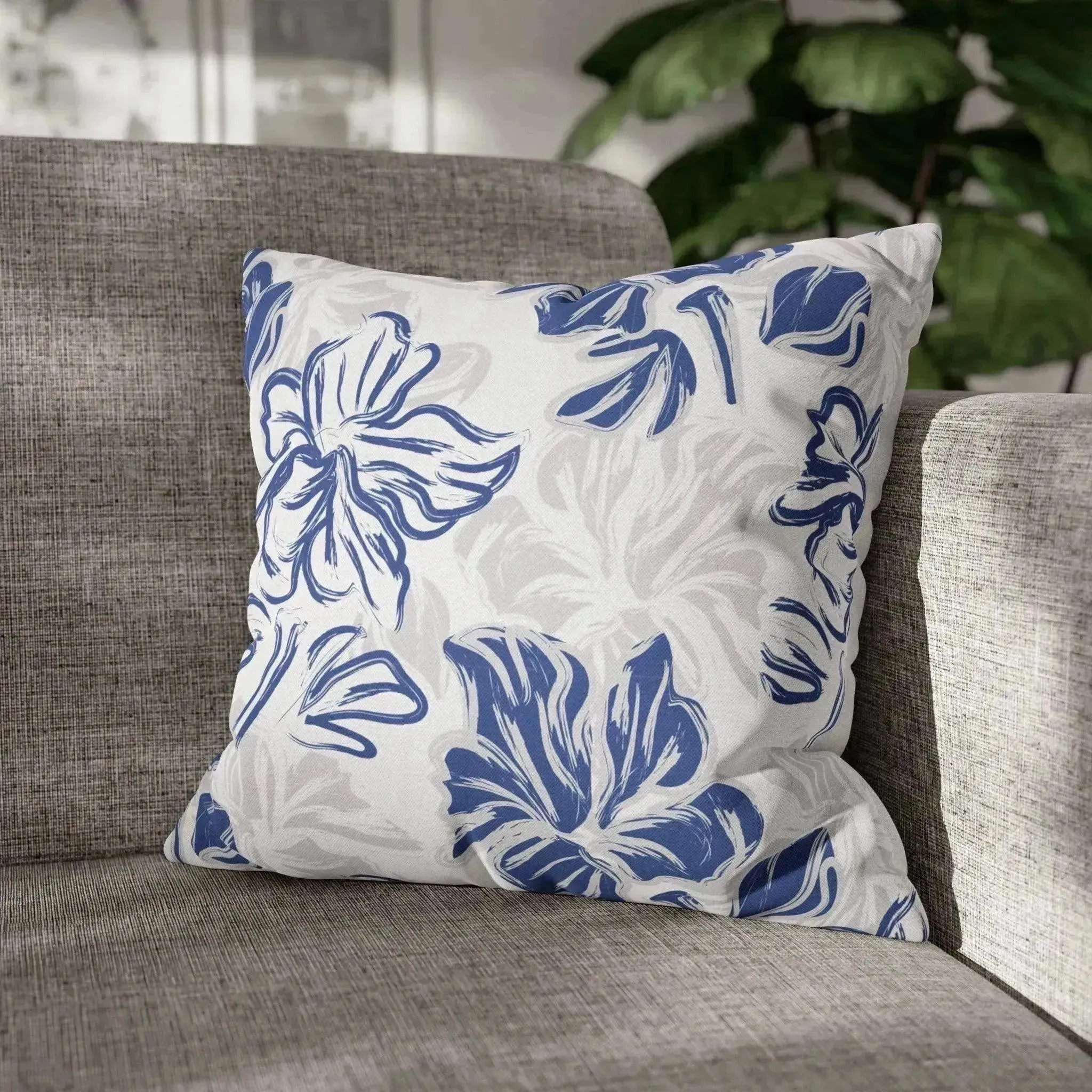 Blue Floral Brush Spun Polyester Square Pillowcase