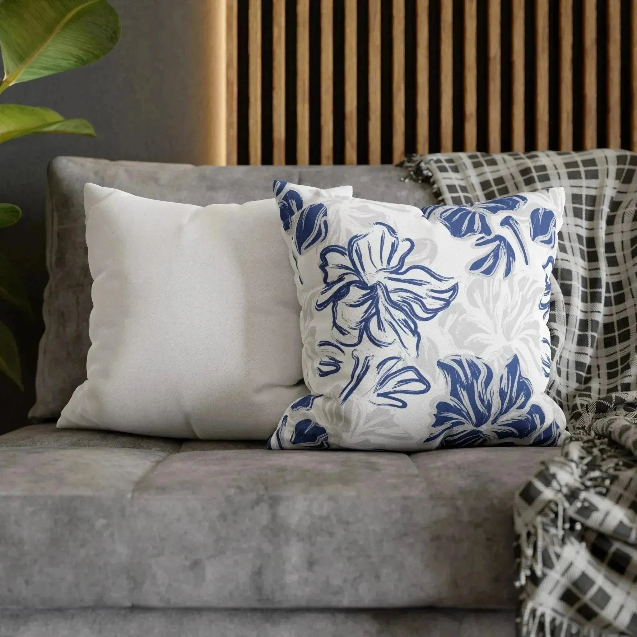 Blue Floral Brush Spun Polyester Square Pillowcase