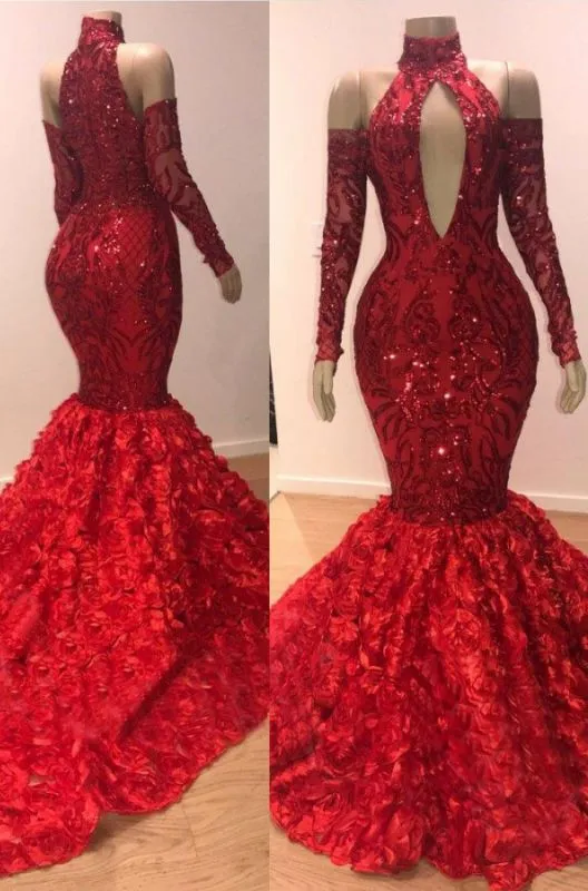 Charming Mermaid High Neck Red Long Sleeves Hollow Out Open Front Lace Prom Dresses 2025