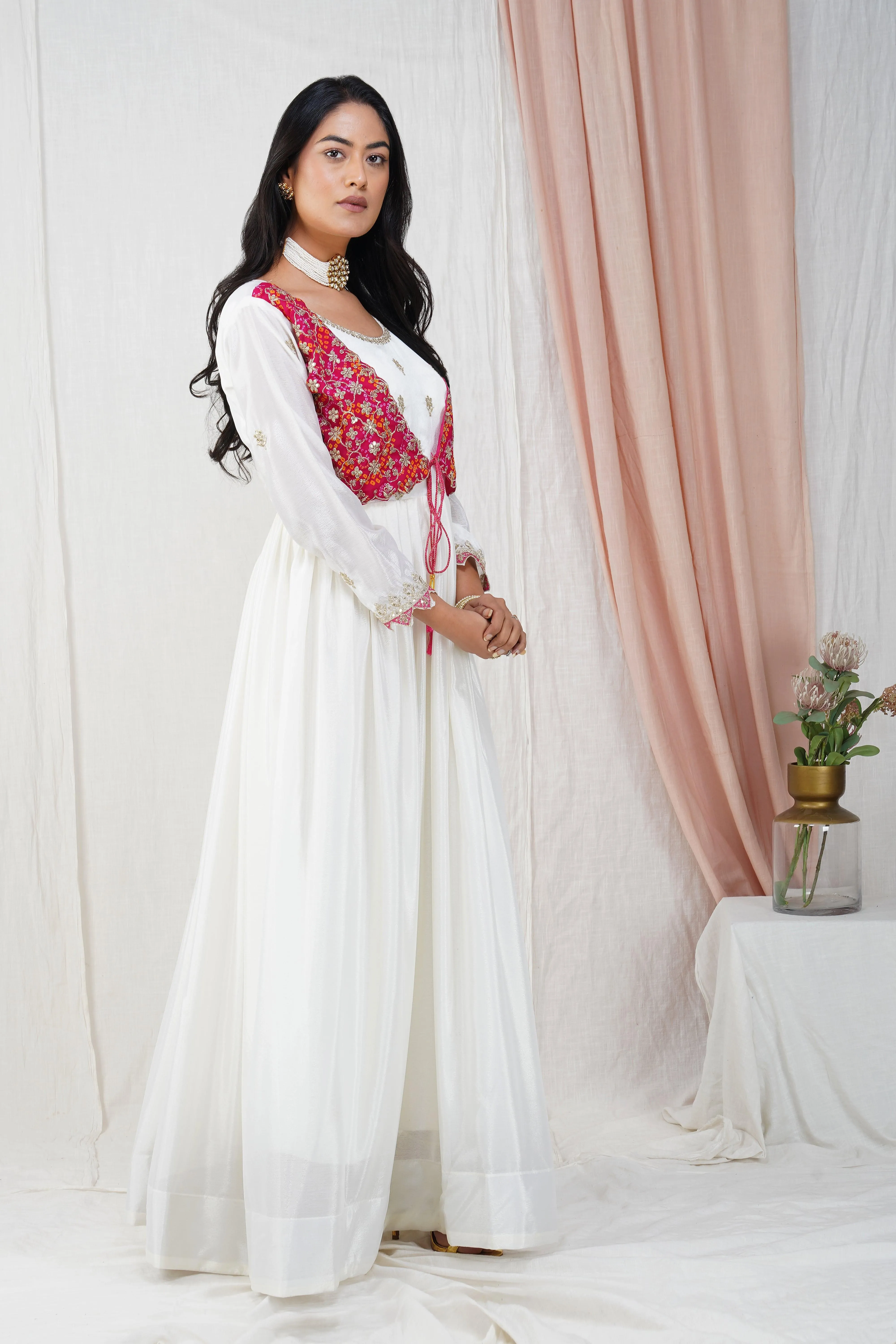Classic Red & White Bandhej Chinon Anarkali Suit