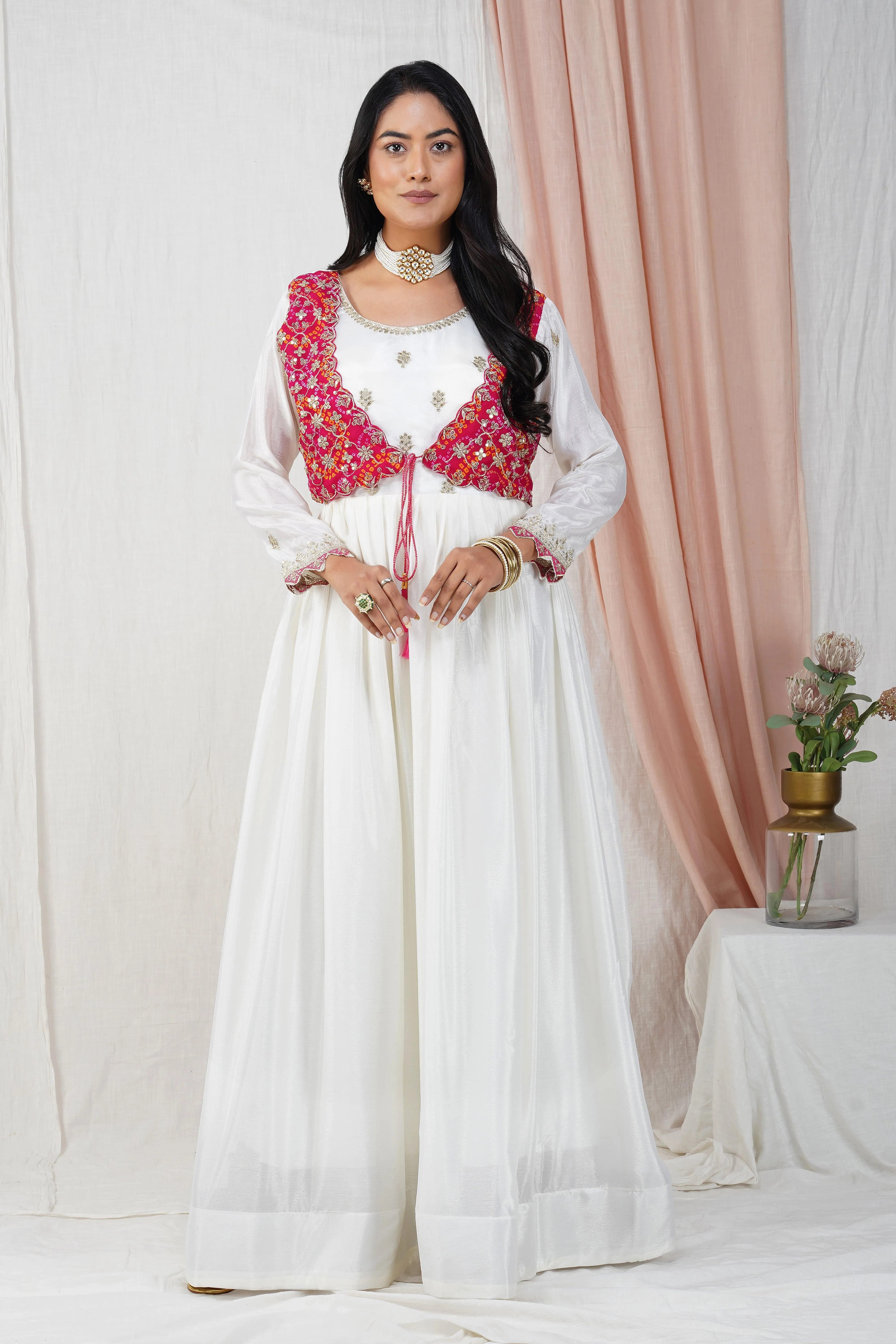 Classic Red & White Bandhej Chinon Anarkali Suit