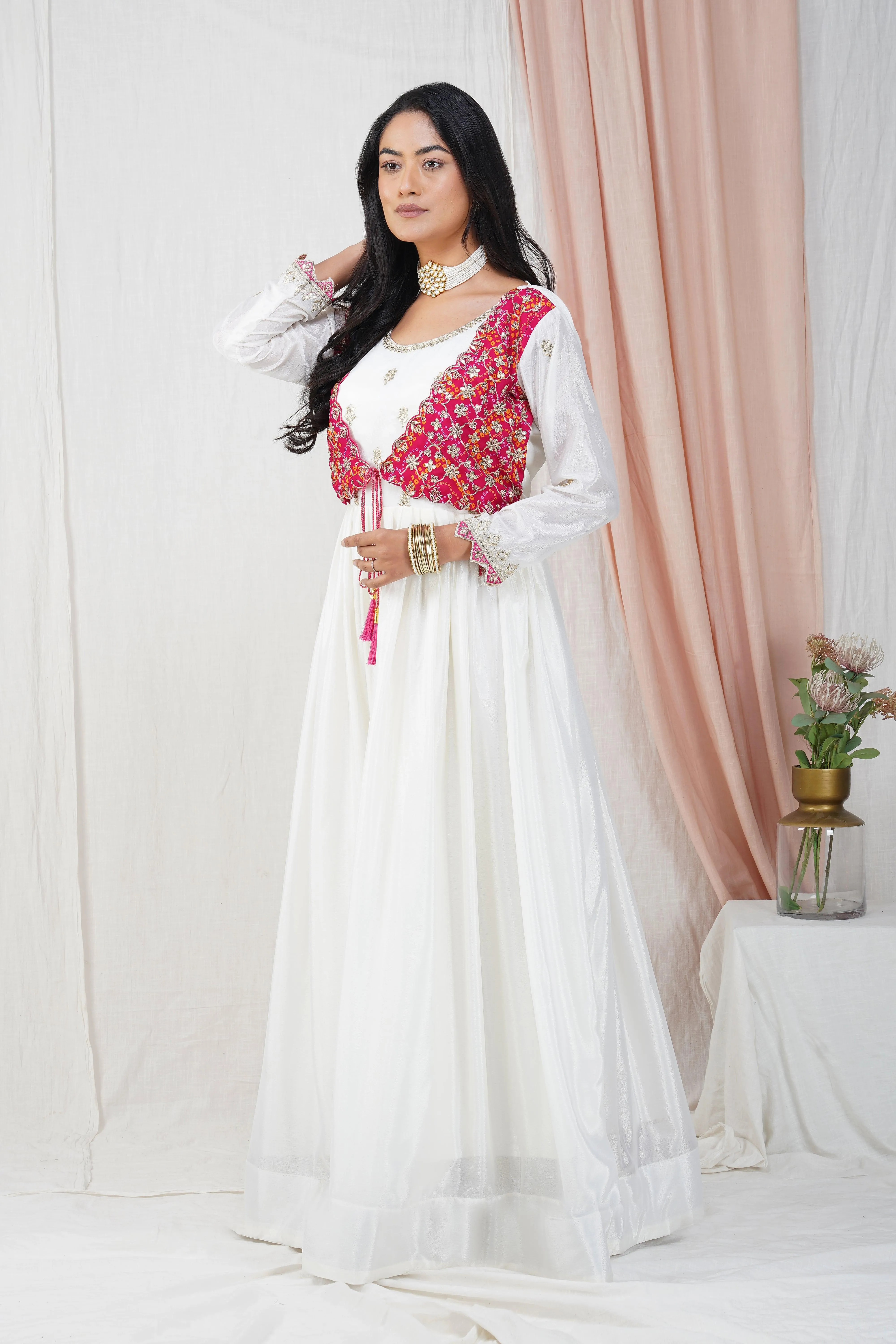 Classic Red & White Bandhej Chinon Anarkali Suit