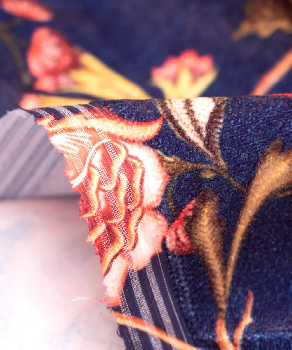 Dark Blue Floral Digital Print Velvet Fabric