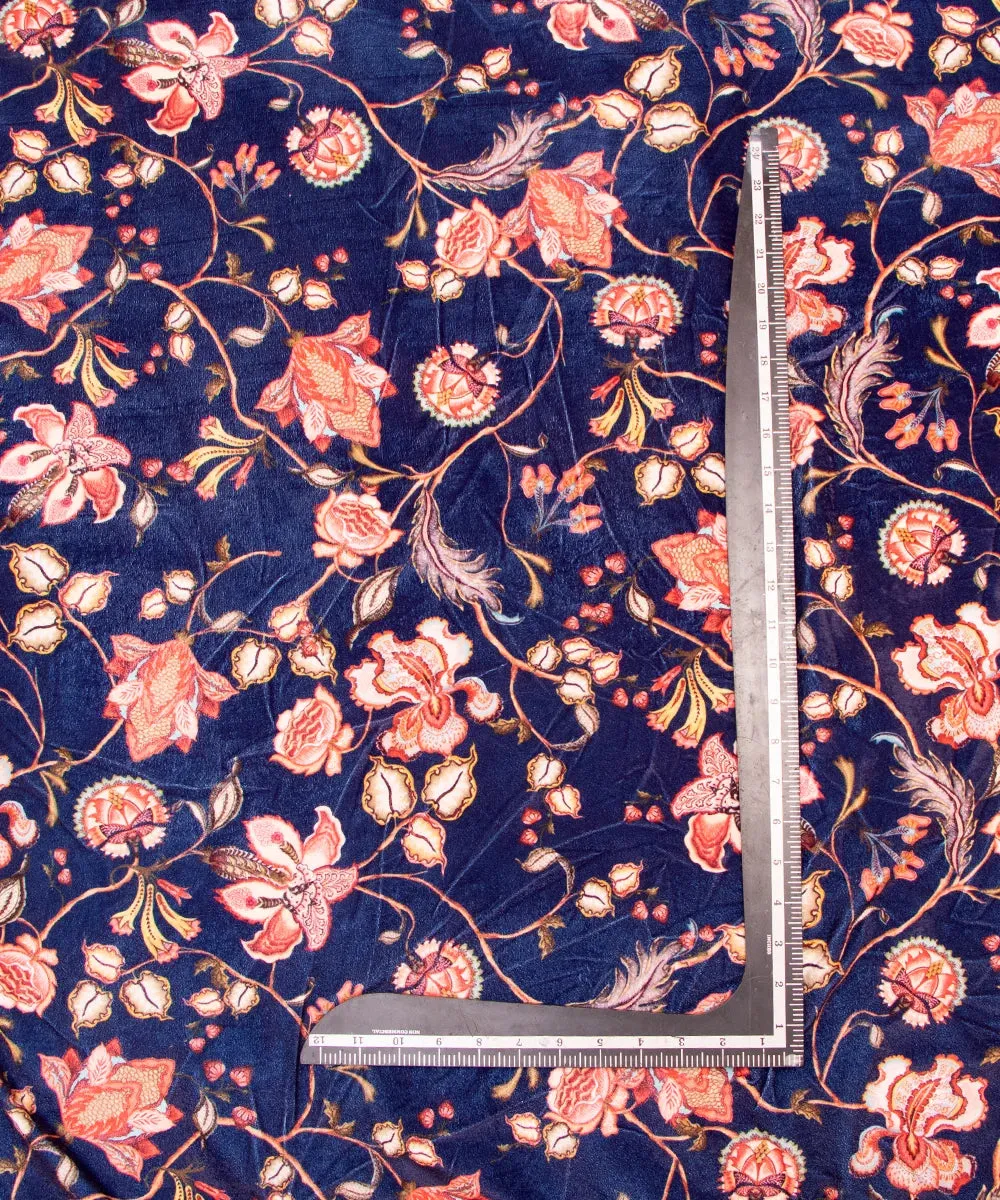 Dark Blue Floral Digital Print Velvet Fabric