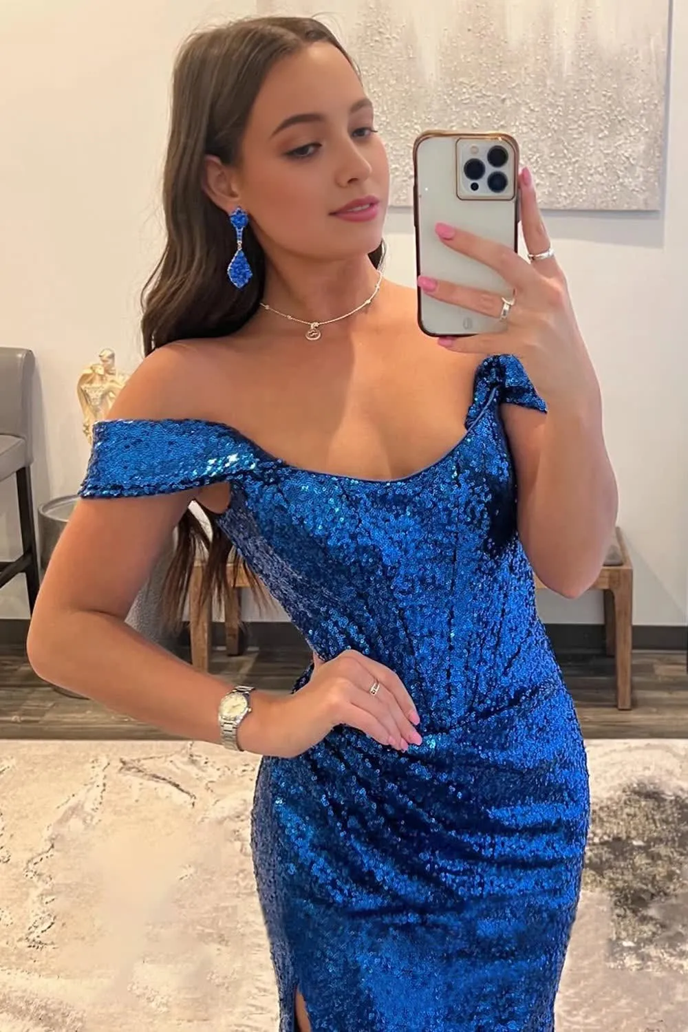 Dark Green Off Shoulder Mermaid Prom Dress with Slit