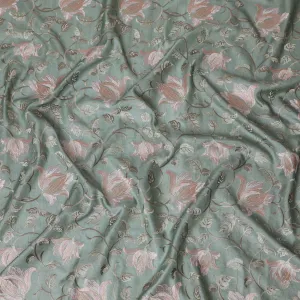 Elegant Sea Green Tussar Silk Fabric with Floral Embroidery - 110 cm Wide - D19610