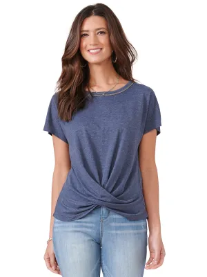 EMBELISHED SCOOP NECK TWIST FRONT HEM KNIT TOP