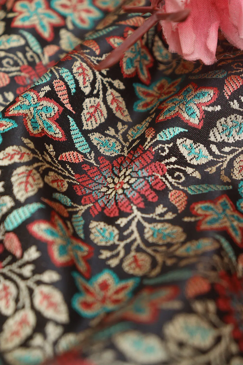 Exquisite Black Banarasi Silk Tanchui Jamawar Brocade Fabric: Shop Now ( 1 Mtr )