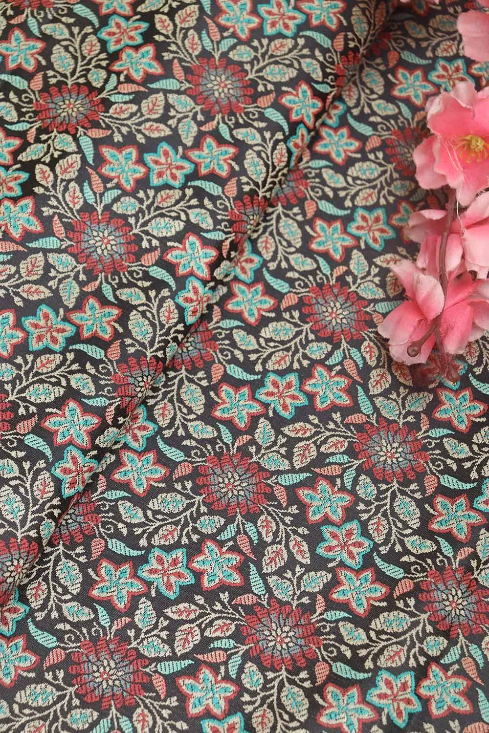 Exquisite Black Banarasi Silk Tanchui Jamawar Brocade Fabric: Shop Now ( 1 Mtr )