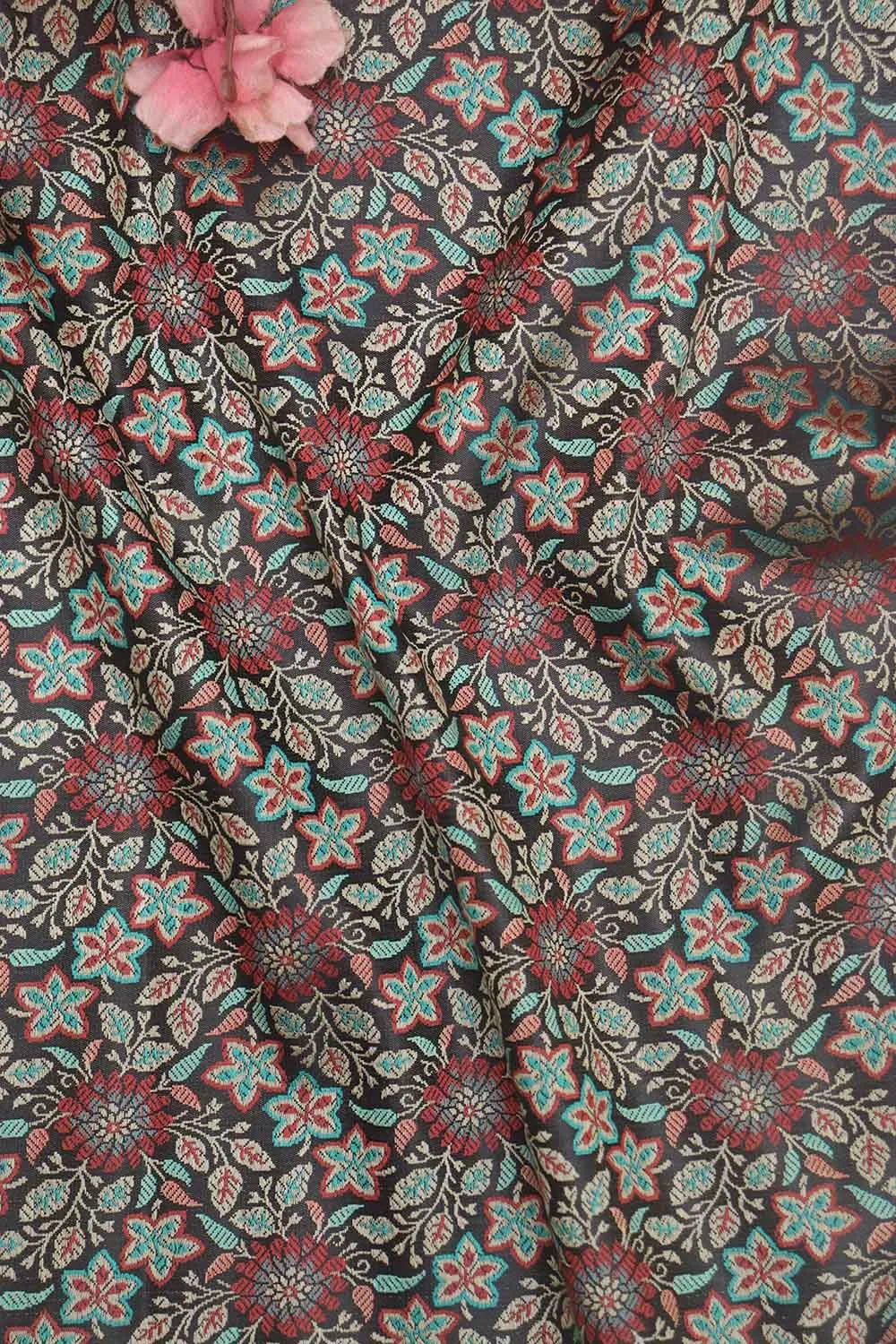 Exquisite Black Banarasi Silk Tanchui Jamawar Brocade Fabric: Shop Now ( 1 Mtr )