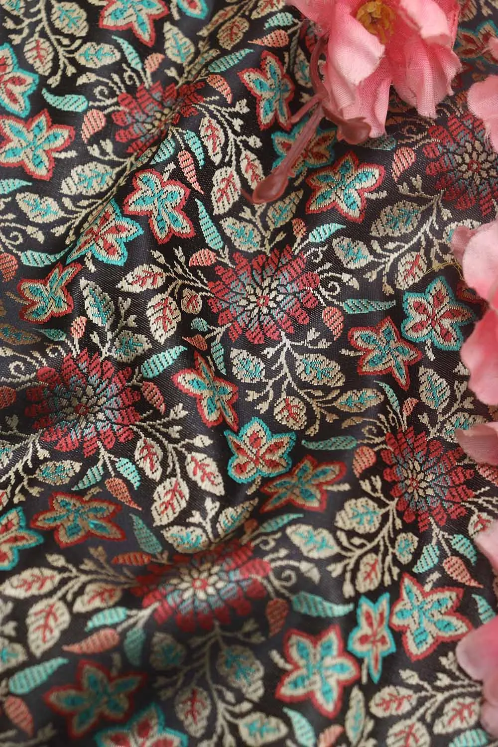 Exquisite Black Banarasi Silk Tanchui Jamawar Brocade Fabric: Shop Now ( 1 Mtr )