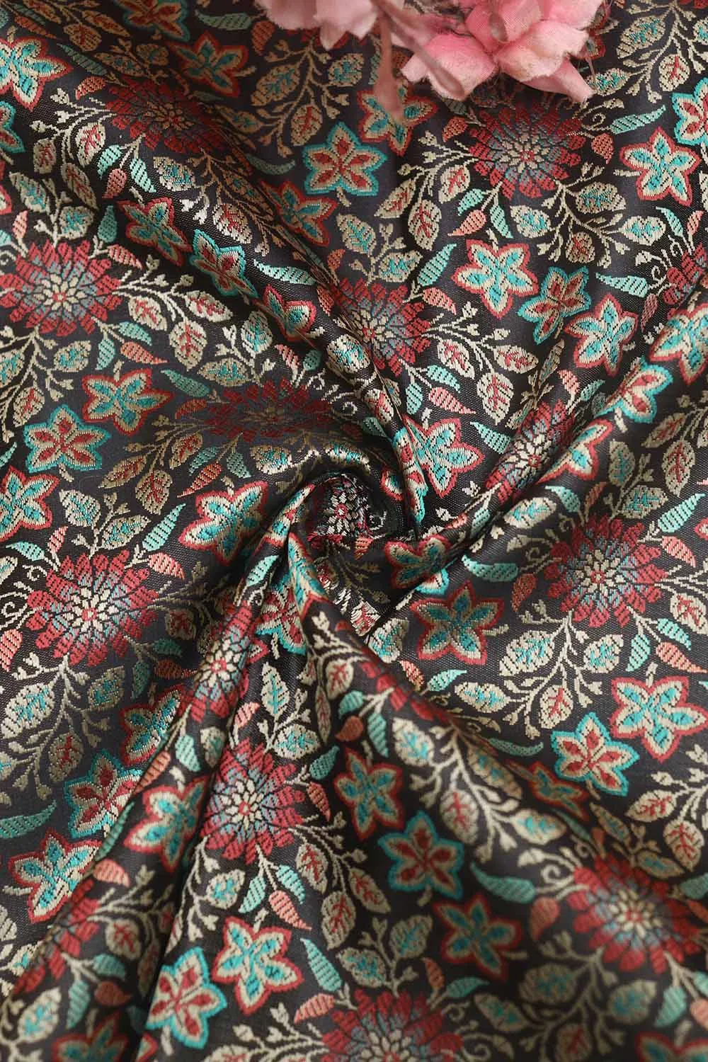 Exquisite Black Banarasi Silk Tanchui Jamawar Brocade Fabric: Shop Now ( 1 Mtr )