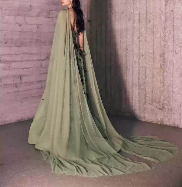 Feather Embroidered Deep V-Neckline Leafy Green Tulle Dress